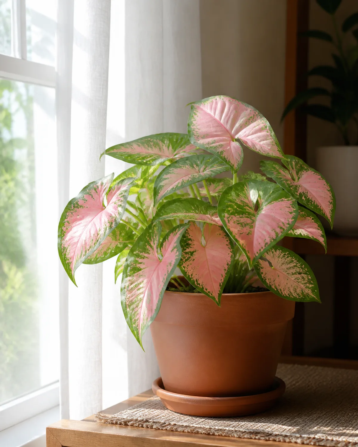 A variegated pink syngonium in a terracotta pot positioned in bright indirect light near an east-facing window with soft morning light illuminating the pink and green patterned leaves