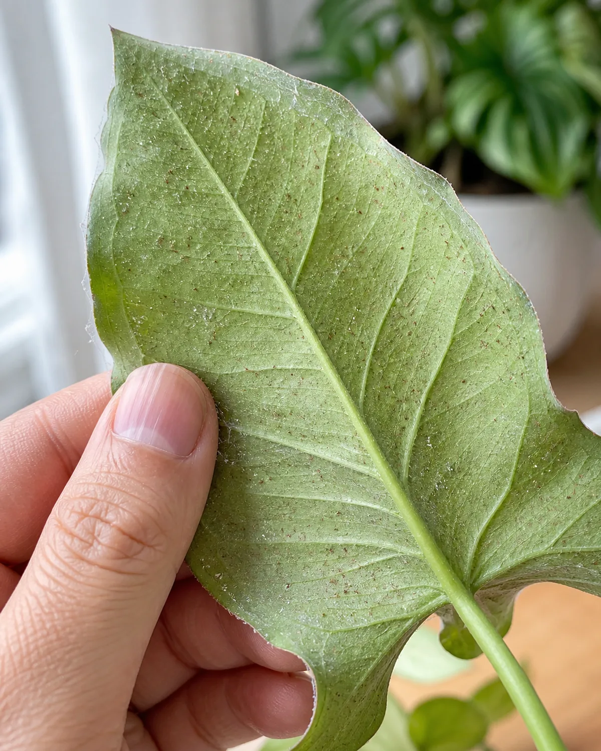 Close-up of spider mite fine webbing on the underside of a syngonium leaf being inspected with the leaf flipped over by a hand