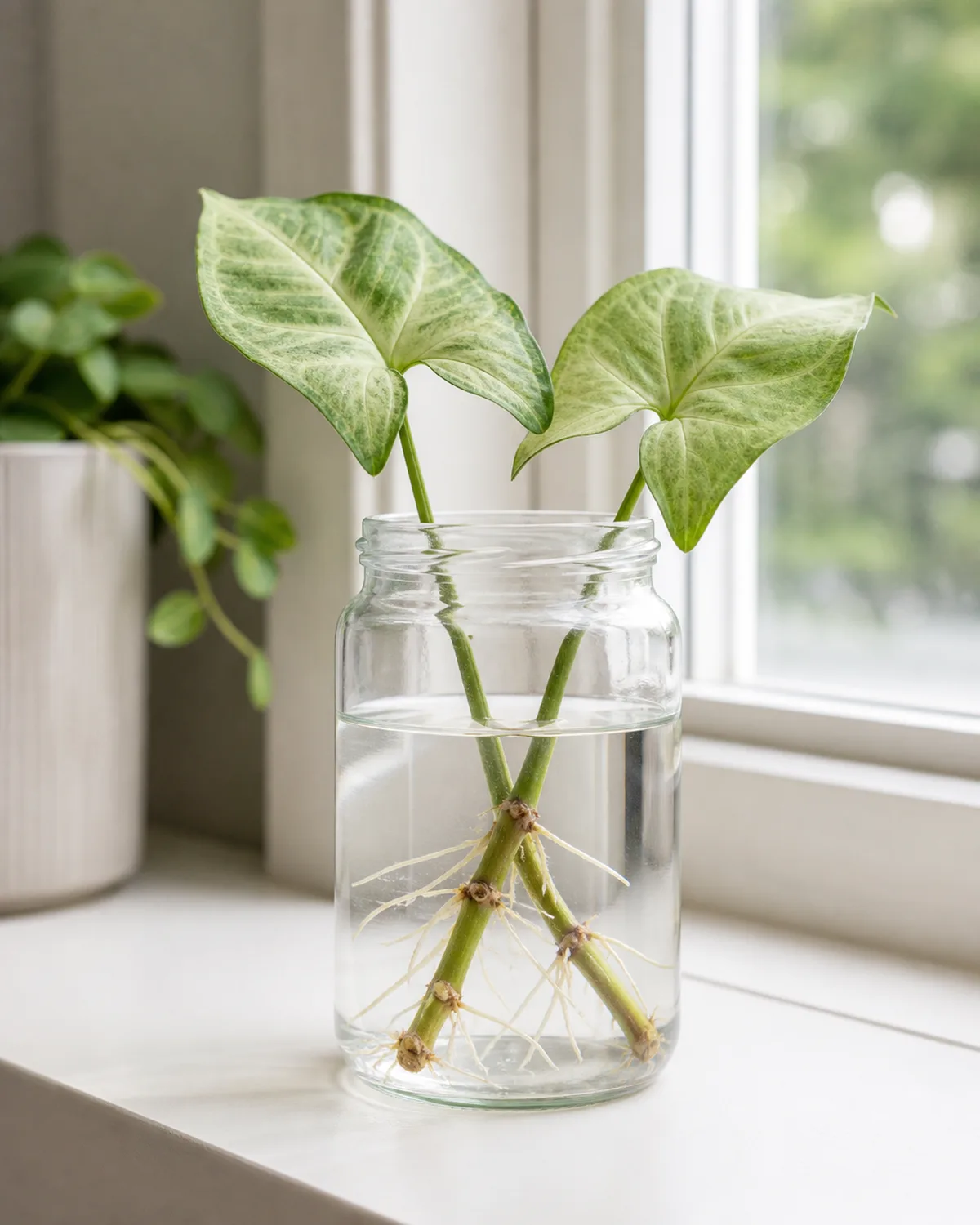 A clear glass jar with syngonium stem cuttings rooting in water showing visible white roots growing from the submerged nodes, two arrow-shaped leaves above the waterline on a bright windowsill