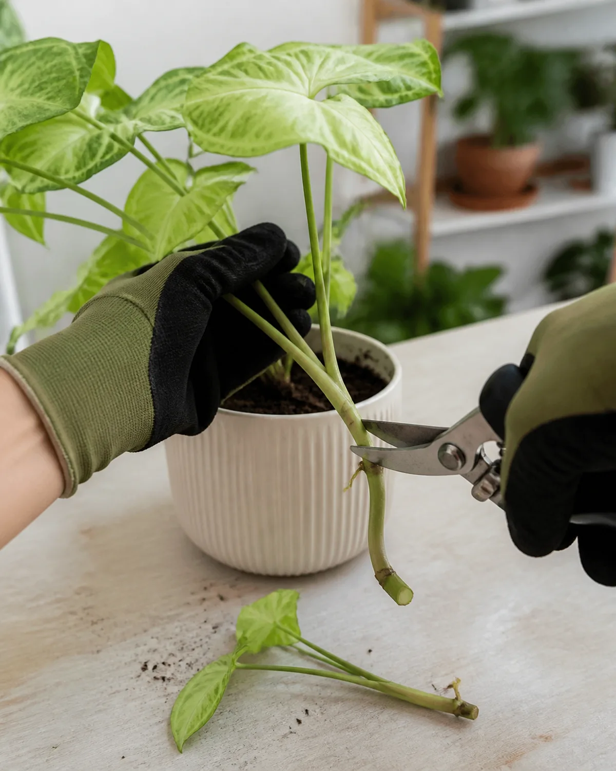 Hands wearing gardening gloves using clean sharp pruning shears to cut a leggy syngonium stem just above a visible node, the cut piece laid on the table ready for propagation
