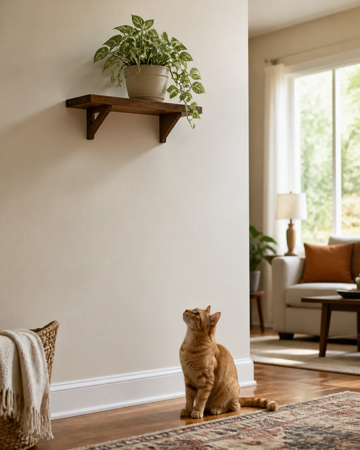 A syngonium plant placed safely on a high wall-mounted wooden shelf out of reach, with a curious orange tabby cat sitting on the floor below looking up at it