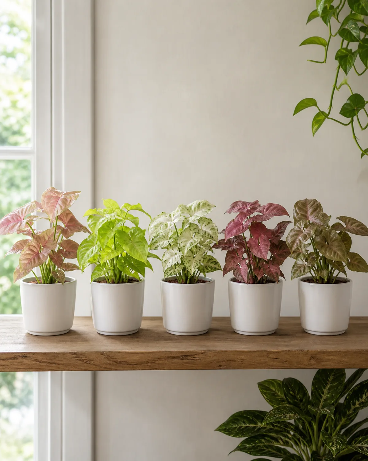 Five different syngonium varieties lined up in small white pots on a wooden shelf showing the color range from pink to lime green to cream to dusty rose to bronze green