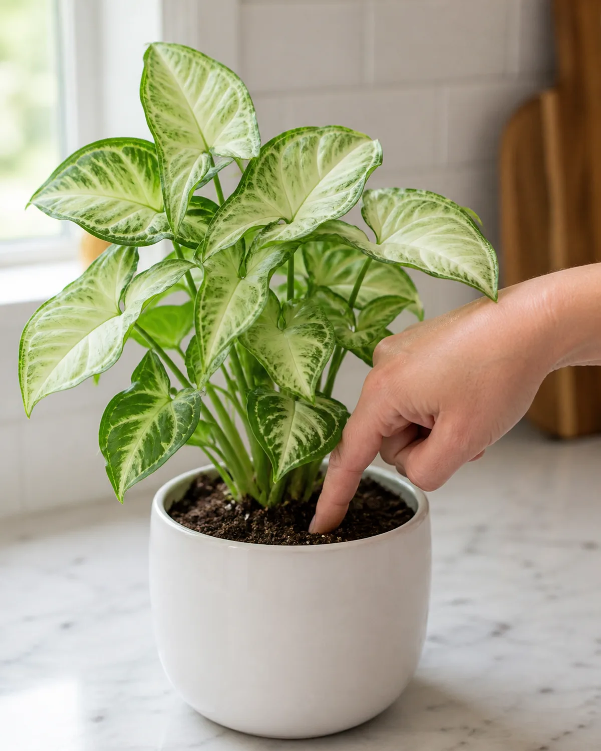 A hand pressing a finger into the top inch of soil in a syngonium pot to check moisture level with the plant showing healthy turgid arrow-shaped green and white variegated leaves