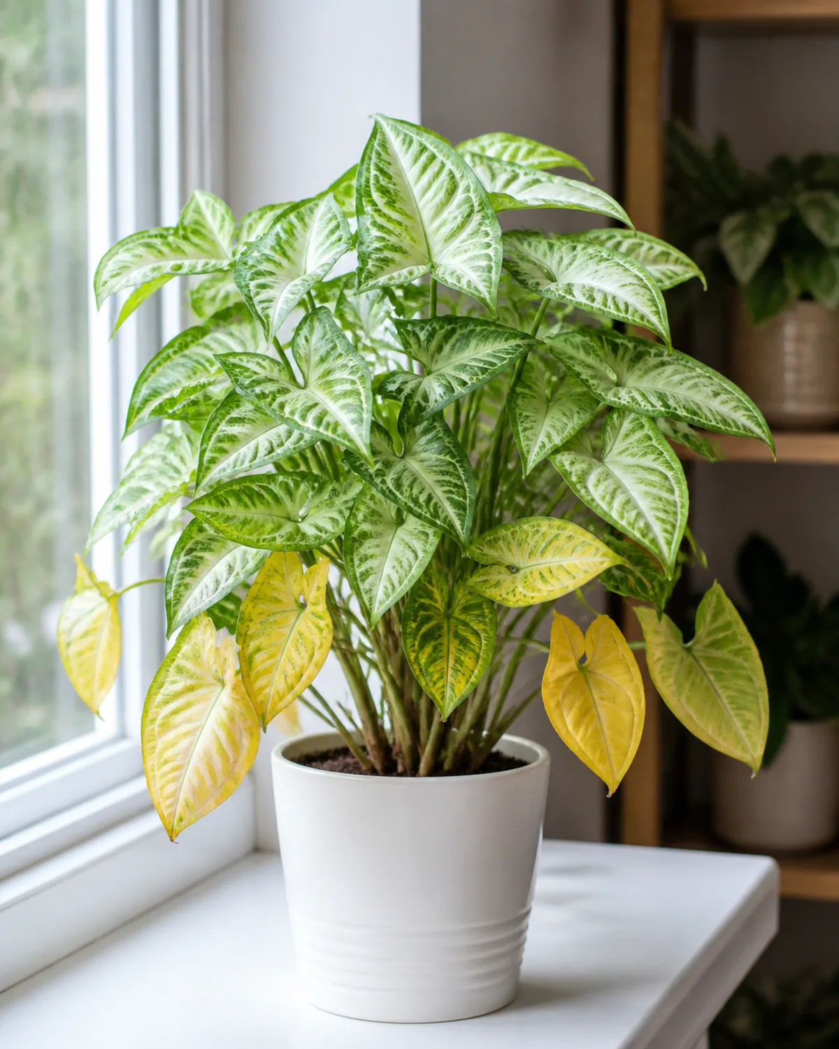 A syngonium plant with several lower older leaves turning yellow while the top new growth remains healthy vibrant green and white, showing the natural aging pattern