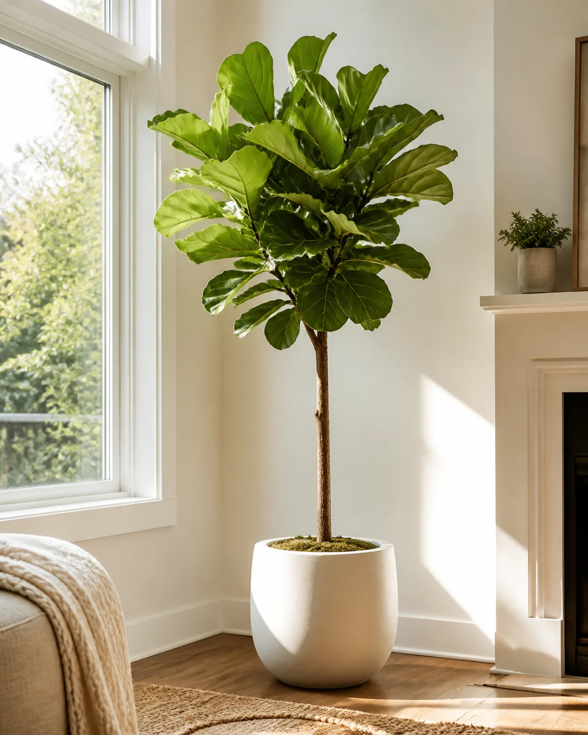 A tall fiddle leaf fig tree approximately six feet tall in a large white ceramic pot standing as a sculptural focal point in a bright living room corner beside a sunny window with a single straight trunk and large violin-shaped leaves clustered at the top in warm afternoon sunlight