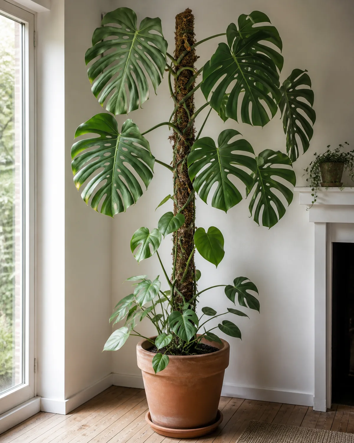 A mature monstera deliciosa climbing a tall moss pole reaching toward the ceiling in a bright room corner with large deeply fenestrated split leaves at the top and smaller less-split leaves at the bottom showing the growth progression with aerial roots gripping the moss pole in a large terracotta pot