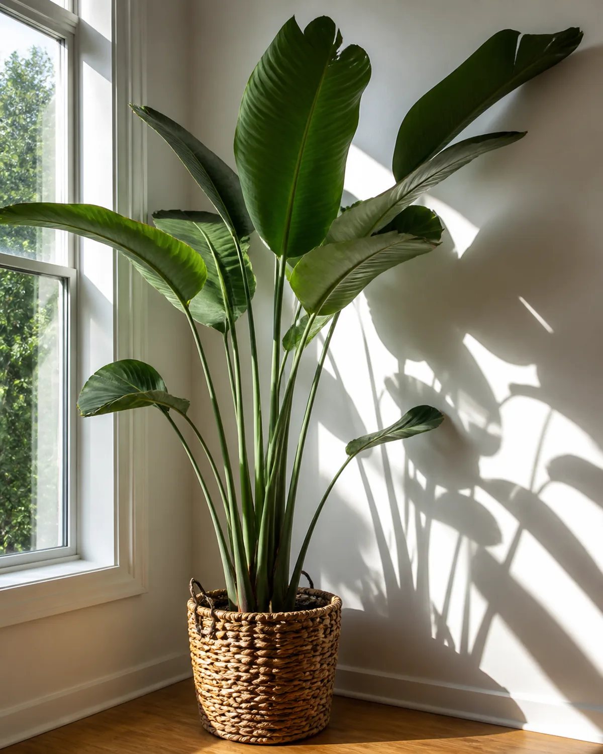A tall bird of paradise plant with large upright paddle-shaped banana-like leaves in a woven basket planter next to a large south-facing window with long stems reaching upward and leaves fanning out near the ceiling with bright direct sunlight creating dramatic shadows on the white wall behind
