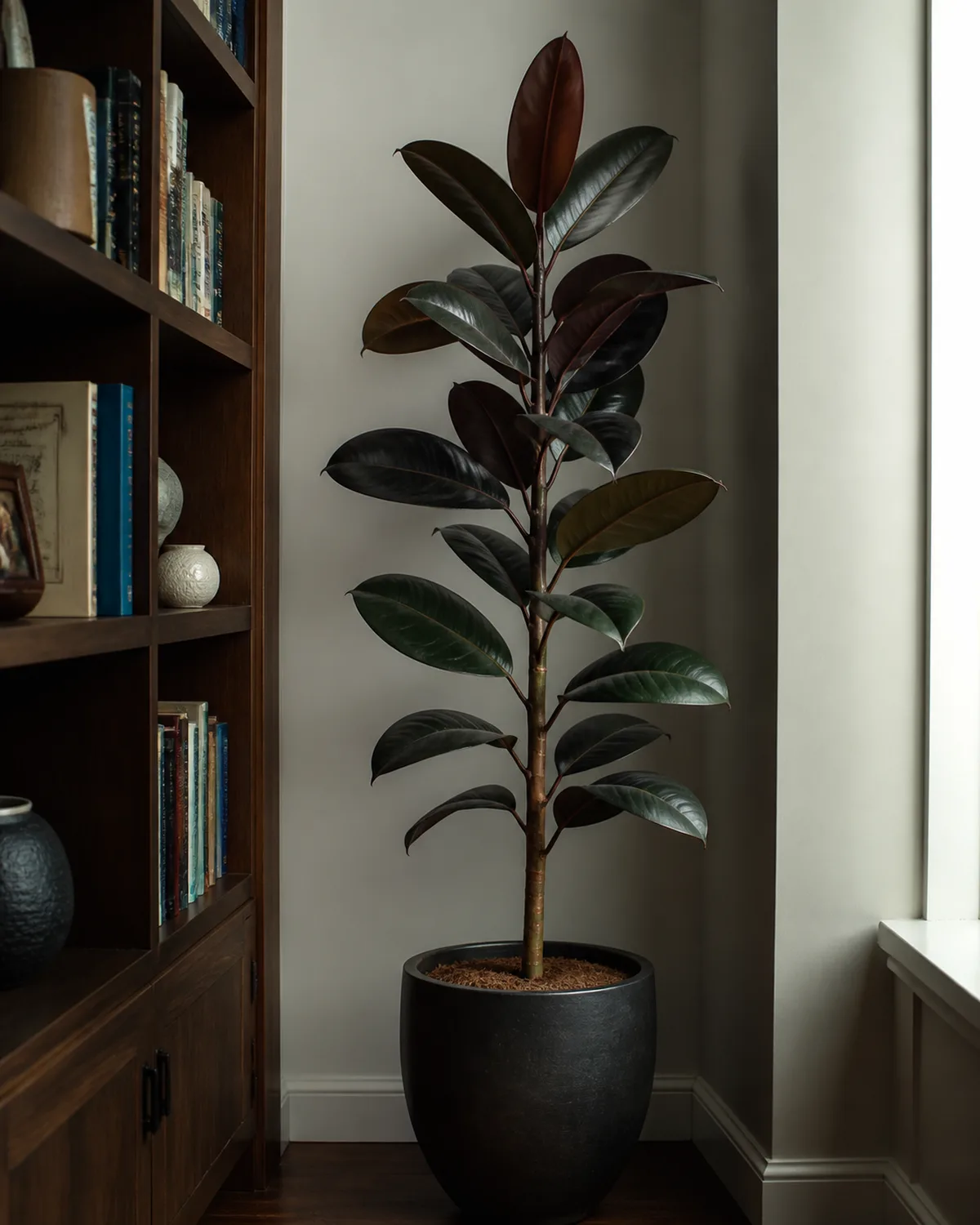 A tall rubber plant with thick glossy dark burgundy-green oval leaves growing on a single upright trunk in a narrow space between a bookshelf and a wall reaching about five feet tall in a simple dark ceramic pot with medium indirect light from a nearby window
