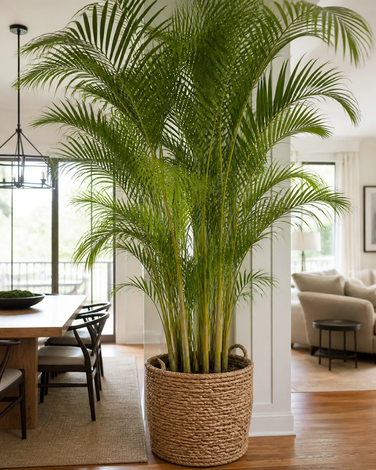 A tall areca palm with multiple golden-green bamboo-like canes and cascading feathery fronds in a large woven basket pot acting as a natural room divider between a dining area and living space with bright indirect light from windows creating a lush green screen