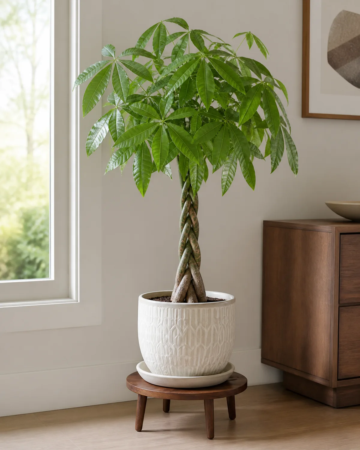 A money tree with a braided trunk and lush palmate five-leaflet canopy about four feet tall in a decorative ceramic pot with a saucer near a bright window on a low plant stand with the braided trunk visible between the cascading leafy top in a clean modern interior