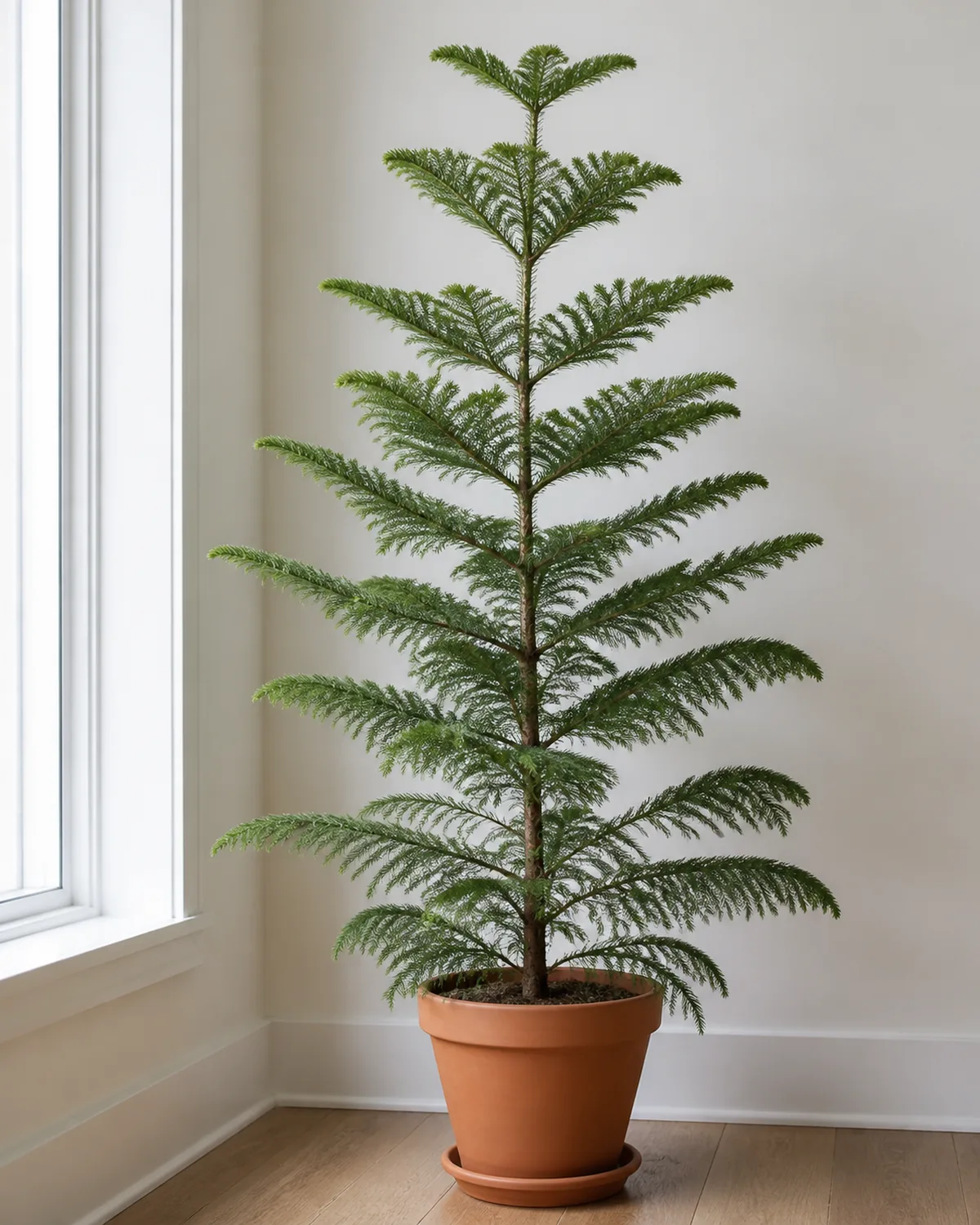 A Norfolk Island pine about four feet tall with symmetrical tiered horizontal branches creating a natural Christmas tree shape in a terracotta pot on the floor near a cool bright window with the distinctive layered silhouette clearly visible against a light wall