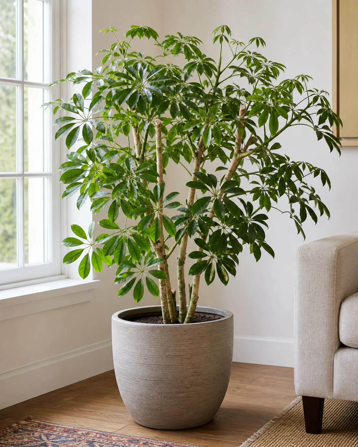 An umbrella tree Schefflera about five feet tall with palmate compound leaves radiating from upright woody stems like open umbrellas in a large pot near a bright window with the bushy top showing recent pruning where stems were trimmed to control height