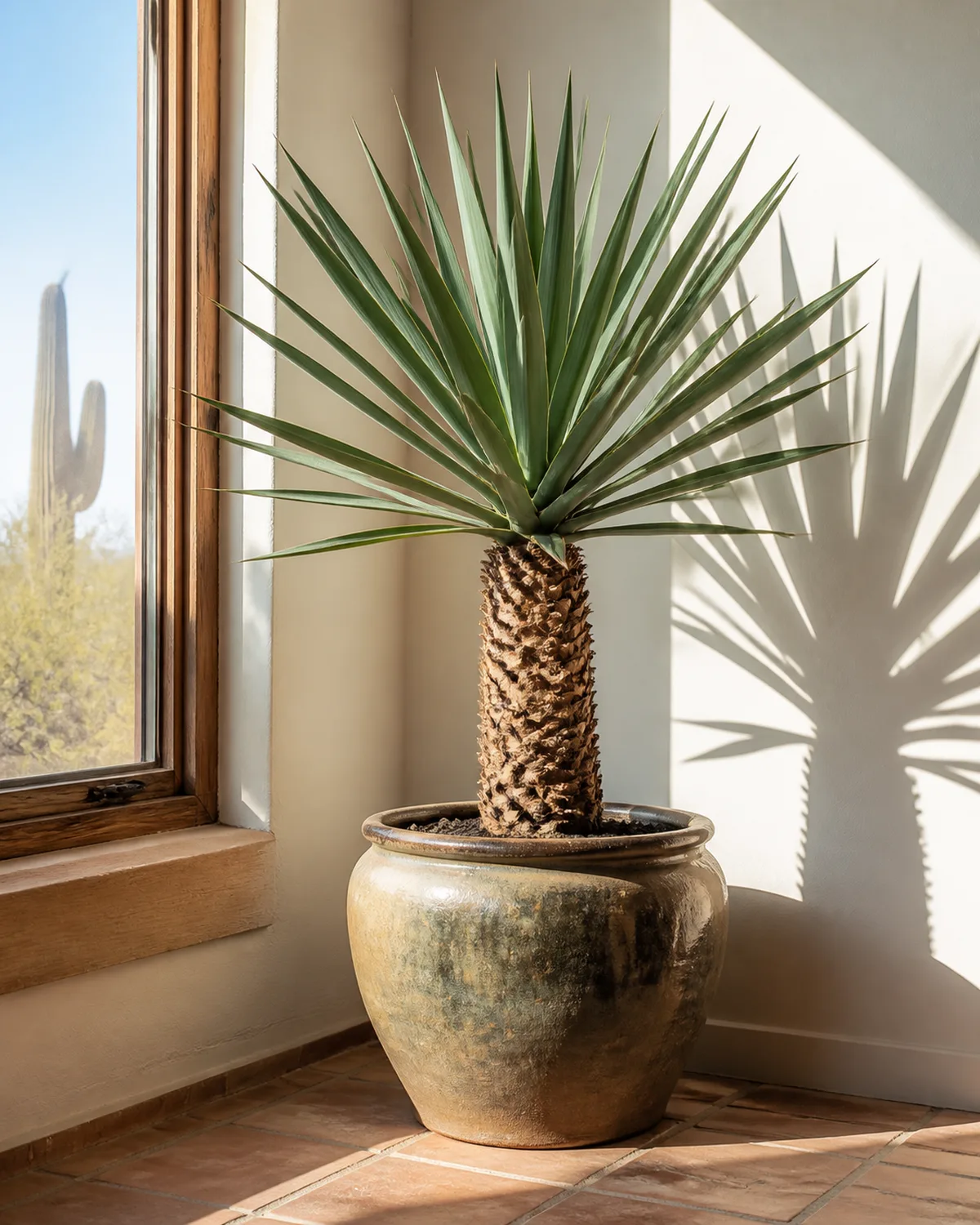 A yucca plant with a thick brown woody trunk topped with a starburst of rigid sword-shaped blue-green leaves about four feet tall in a heavy ceramic pot near a large sunny west-facing window with the architectural desert silhouette sharp against bright afternoon light