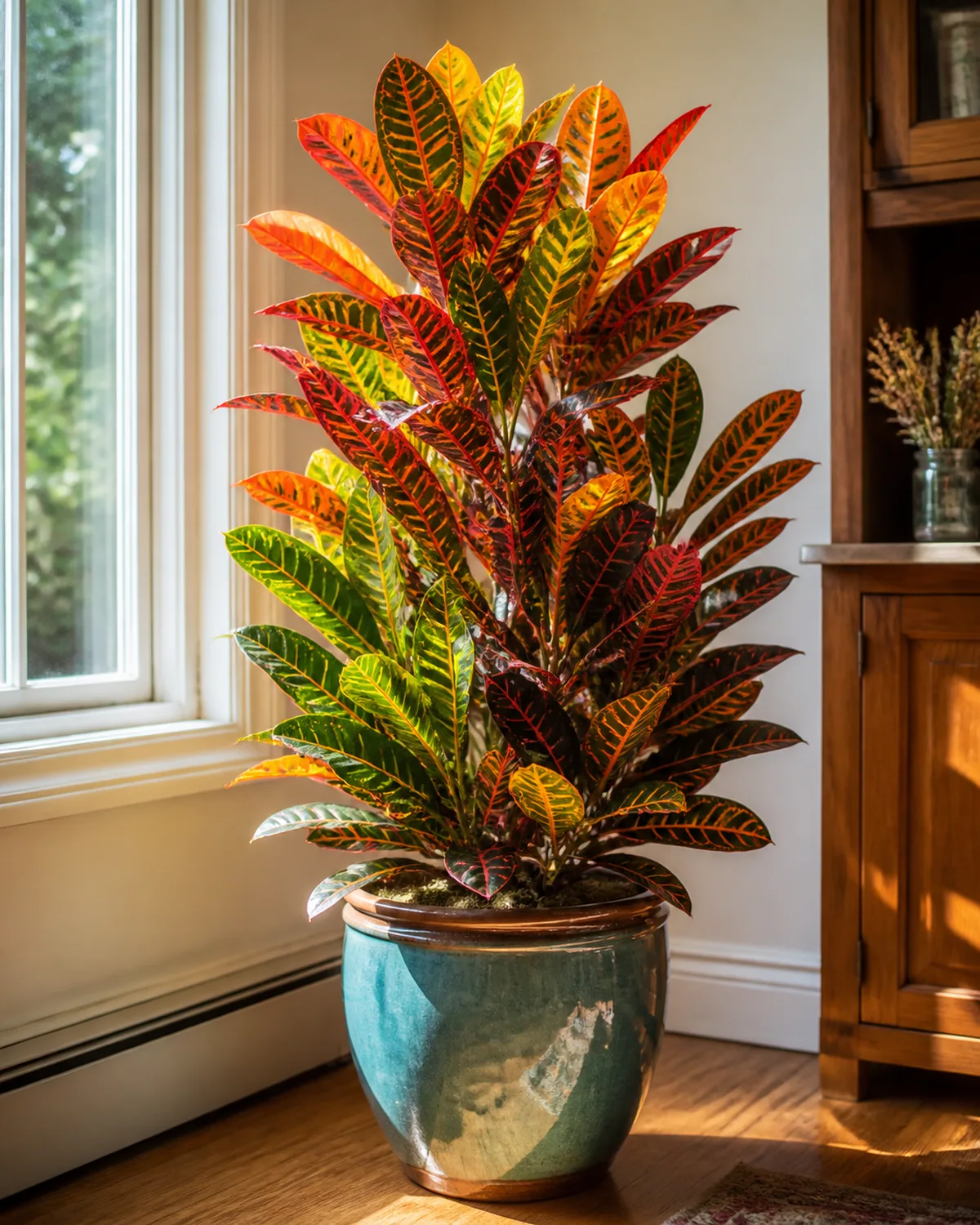 A tall croton with vibrant multicolored leaves in red orange yellow and green on the same plant about four feet tall in a bright glazed ceramic pot positioned in a sunny spot where direct light illuminates the dramatic leaf colors in a warm interior setting