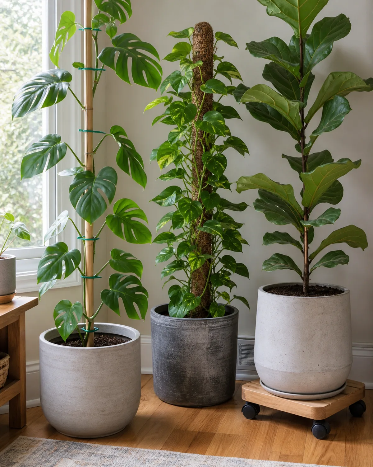 A collection of tall indoor plants in heavy ceramic and concrete pots showing proper staking with one plant tied to a bamboo stake with soft green plant ties in a figure-eight pattern another with a moss pole and a plant on a small furniture dolly for easy moving in a practical home setting