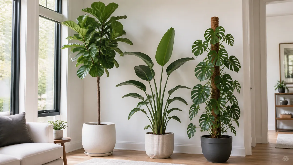 A bright modern living room with three tall indoor plants of different heights creating a layered green corner including a fiddle leaf fig a bird of paradise and a monstera on a moss pole with natural light streaming through large windows