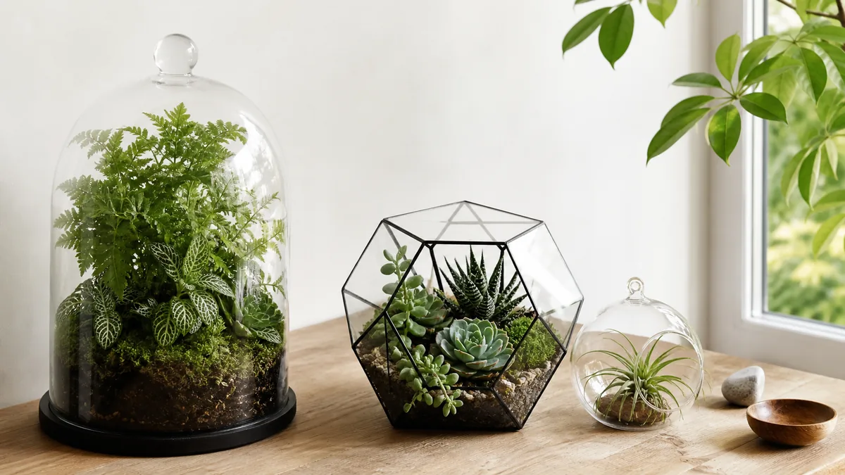Three different terrariums on a light wooden surface near a window including a sealed bell jar with tropical ferns and fittonia an open geometric terrarium with succulents and a small glass globe with an air plant in soft natural light