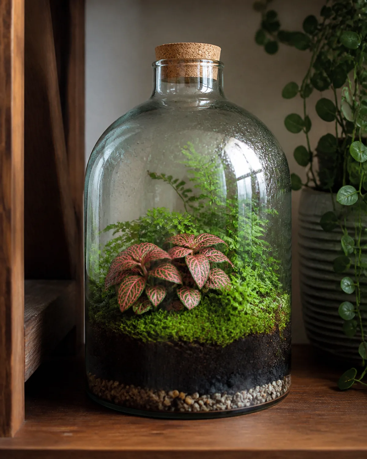 A large glass bell jar terrarium sealed with a cork stopper containing lush tropical plants including fittonia with pink veined leaves small ferns and selaginella moss with water droplets condensing on the inside of the glass and visible layers of pebbles charcoal and soil through the clear glass bottom sitting on a wooden shelf in soft indirect light