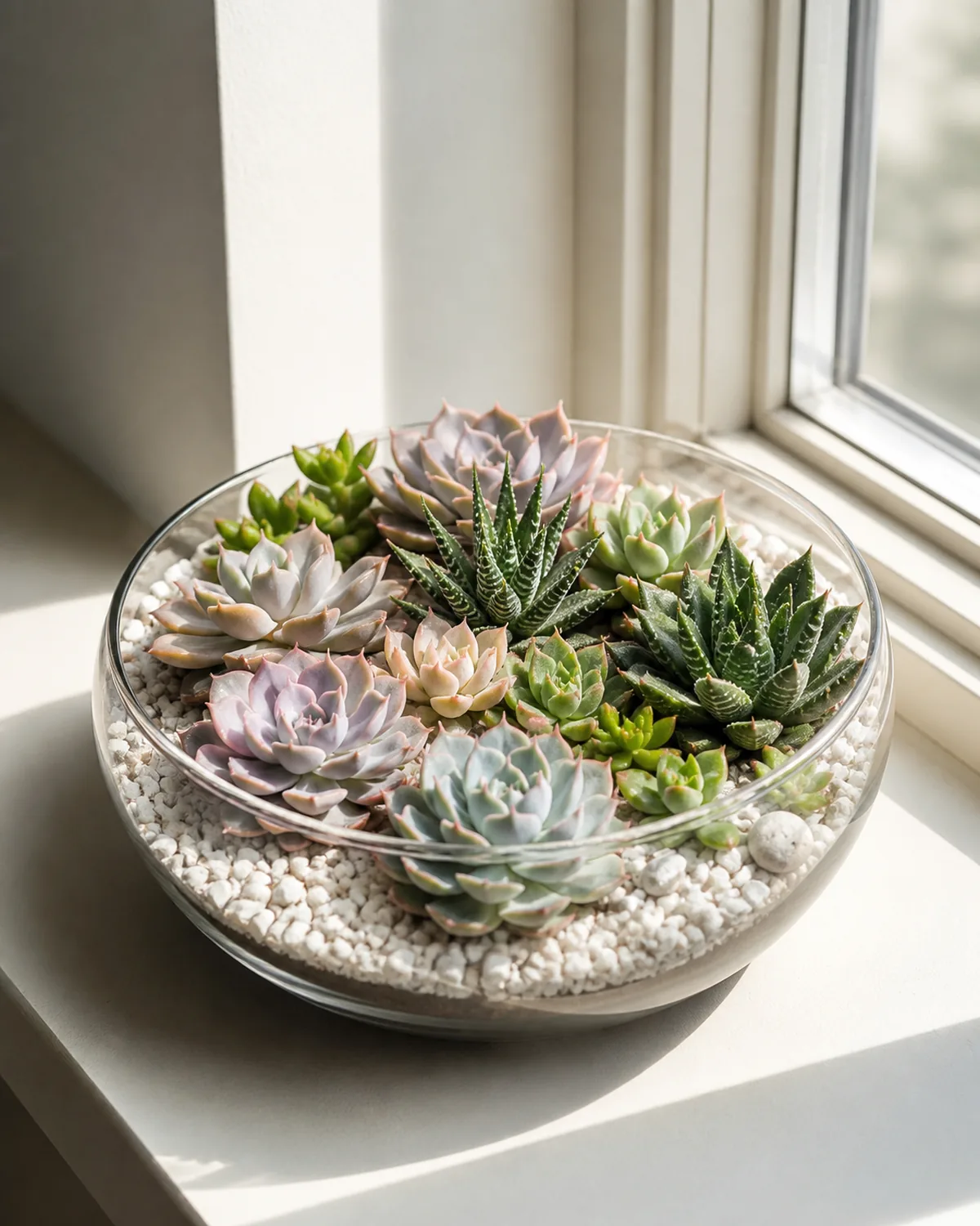 An open wide glass bowl terrarium filled with small succulents including pastel echeveria rosettes and striped haworthia topped with white decorative gravel sitting on a bright sunny windowsill with direct sunlight streaming in and a clean minimalist setting