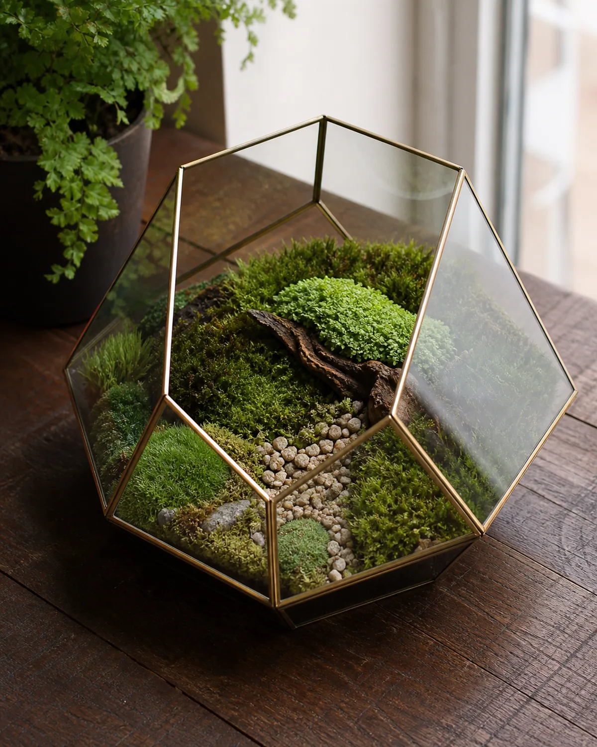 A low geometric brass and glass terrarium with an open top containing a lush carpet of various green mosses at different heights and textures creating a miniature forest floor landscape with tiny decorative stones forming a winding path and a small piece of driftwood sitting on a dark wooden table with soft ambient light