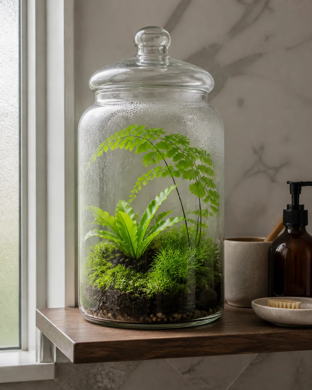 A tall clear glass apothecary jar with a rounded lid containing a fern grotto terrarium with delicate maidenhair fern fronds arching inside the jar and small bird nest fern alongside green spikemoss ground cover the glass slightly misty from humidity sitting on a bathroom shelf near a frosted window