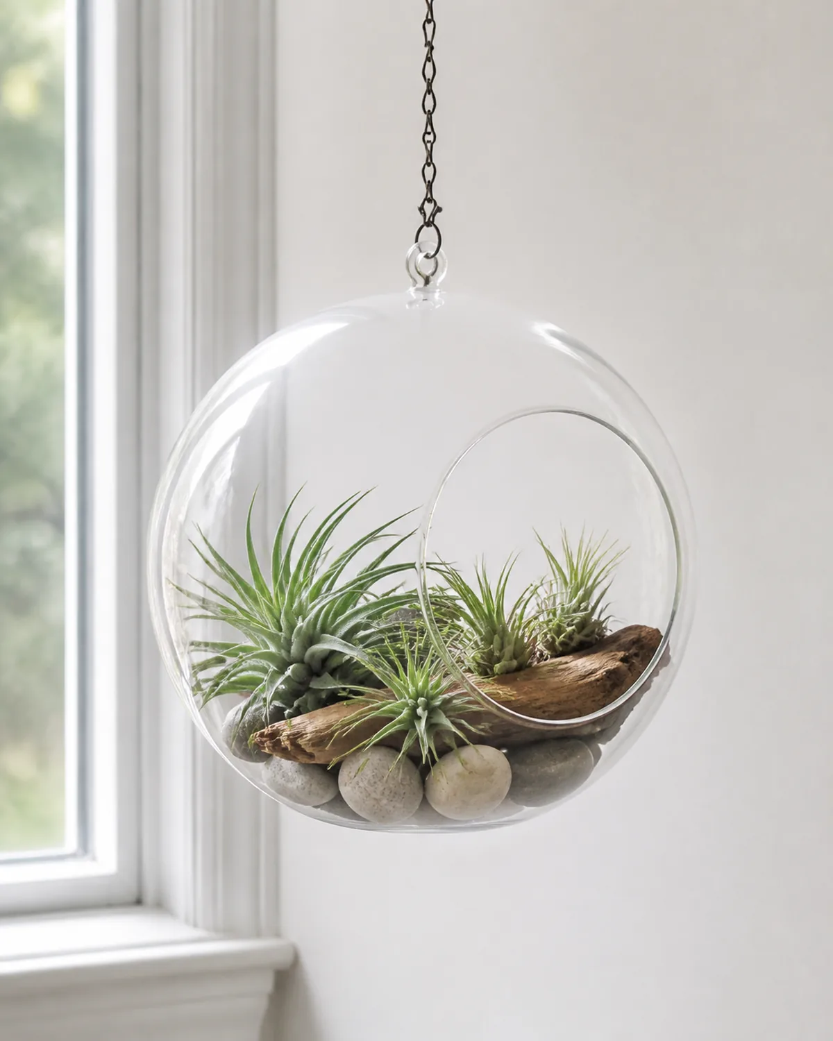 An open clear glass globe terrarium hanging from a thin chain containing several air plants Tillandsia of different shapes sitting on a bed of smooth river stones and small pieces of driftwood no soil visible bright indirect light from a nearby window with a white wall behind