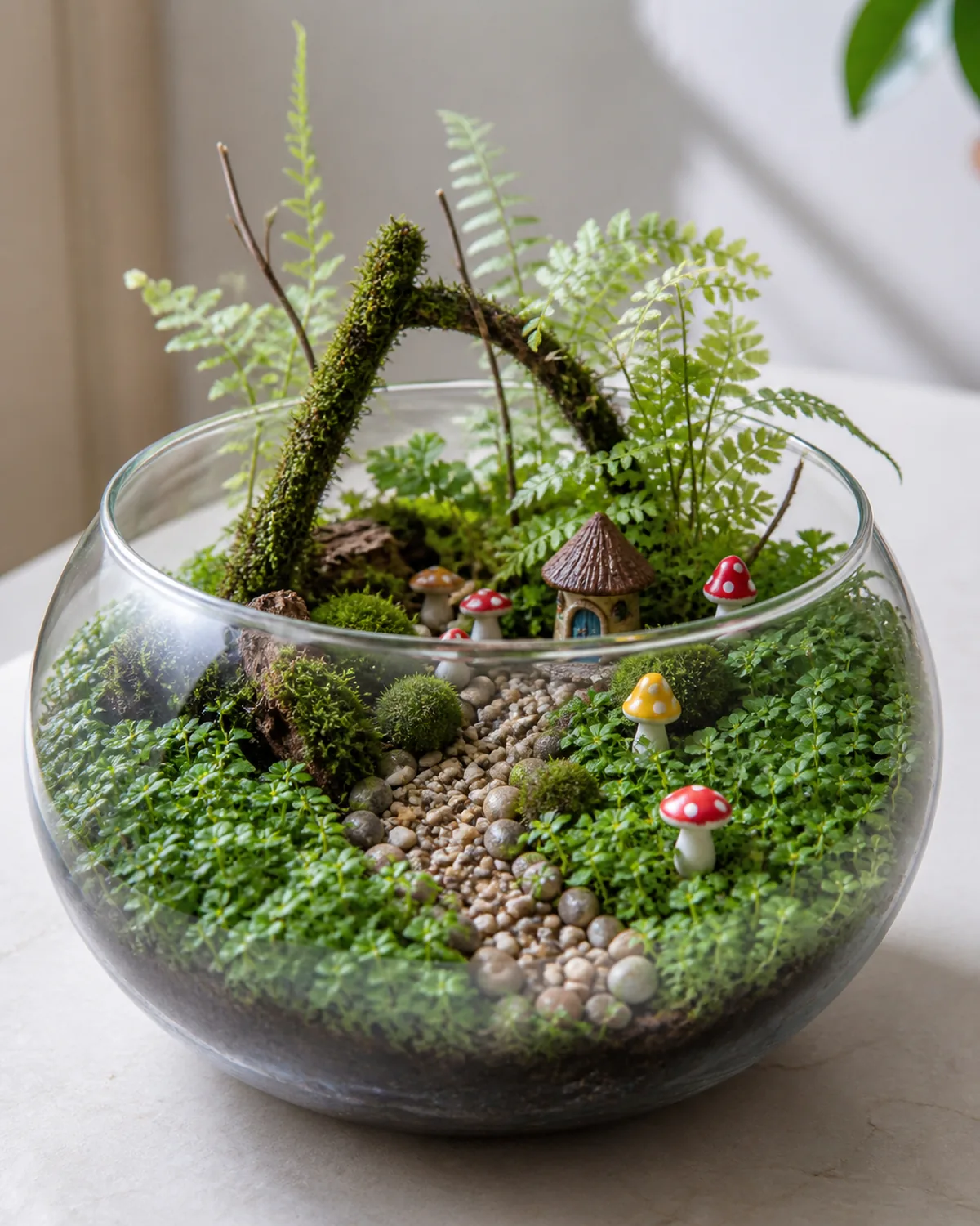 A wide shallow glass bowl terrarium styled as a woodland fairy garden with baby tears ground cover miniature ferns tiny mushroom figurines a pebble pathway and moss covered twigs creating a whimsical miniature scene in soft natural light sitting on a light surface