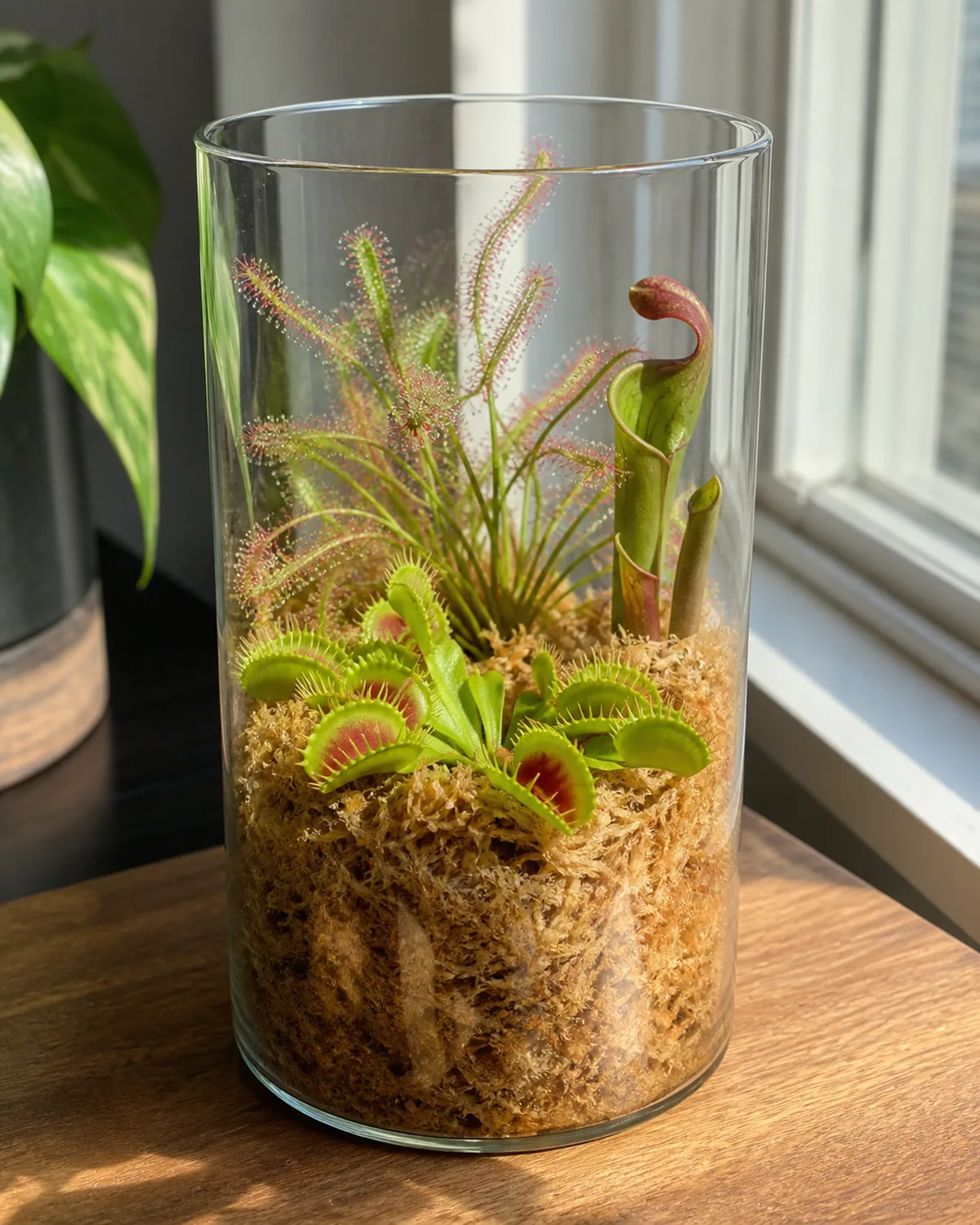 A tall clear glass cylinder terrarium containing carnivorous plants including a Venus flytrap with open traps red tipped sundew leaves glistening with sticky droplets and a small pitcher plant growing in pale peat moss substrate with an open top and no lid positioned in bright direct sunlight near a south facing window