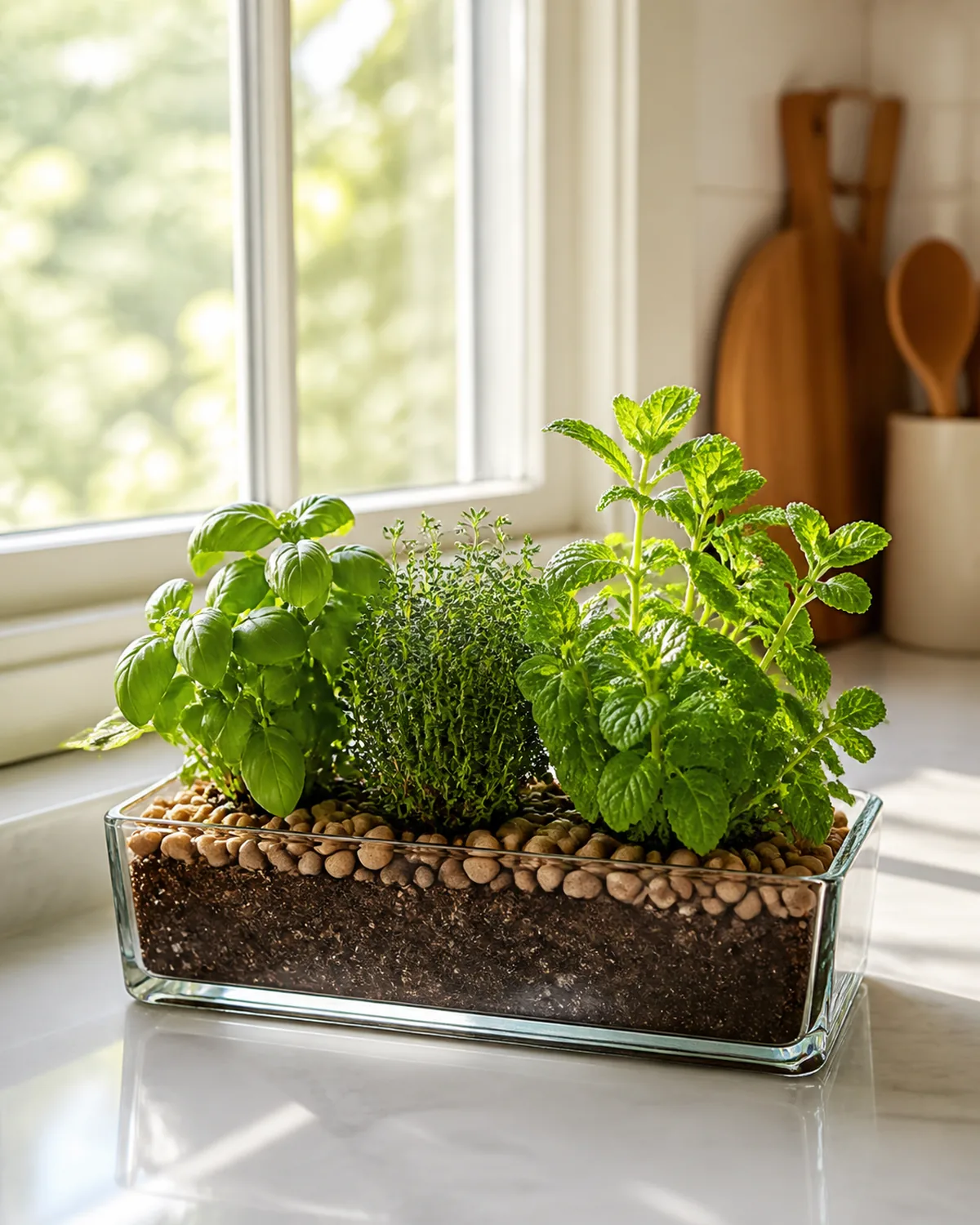 A rectangular clear glass container on a bright kitchen windowsill containing compact herb plants including small bushy basil thyme and mint growing in soil with a pebble top dressing bright sunlight streaming through the window behind with kitchen items softly blurred in the background practical and attractive