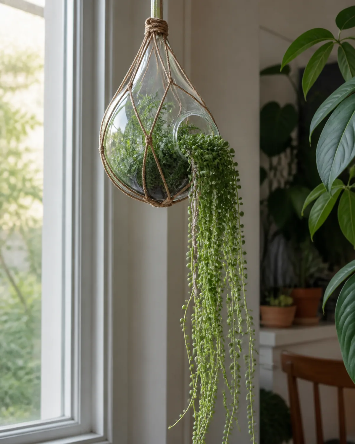 A clear glass teardrop shaped terrarium hanging from a macrame hanger near a bright window with a string of pearls plant trailing out of the side opening its bead like leaves cascading down small selaginella inside the globe natural light illuminating the spherical glass and trailing green strands