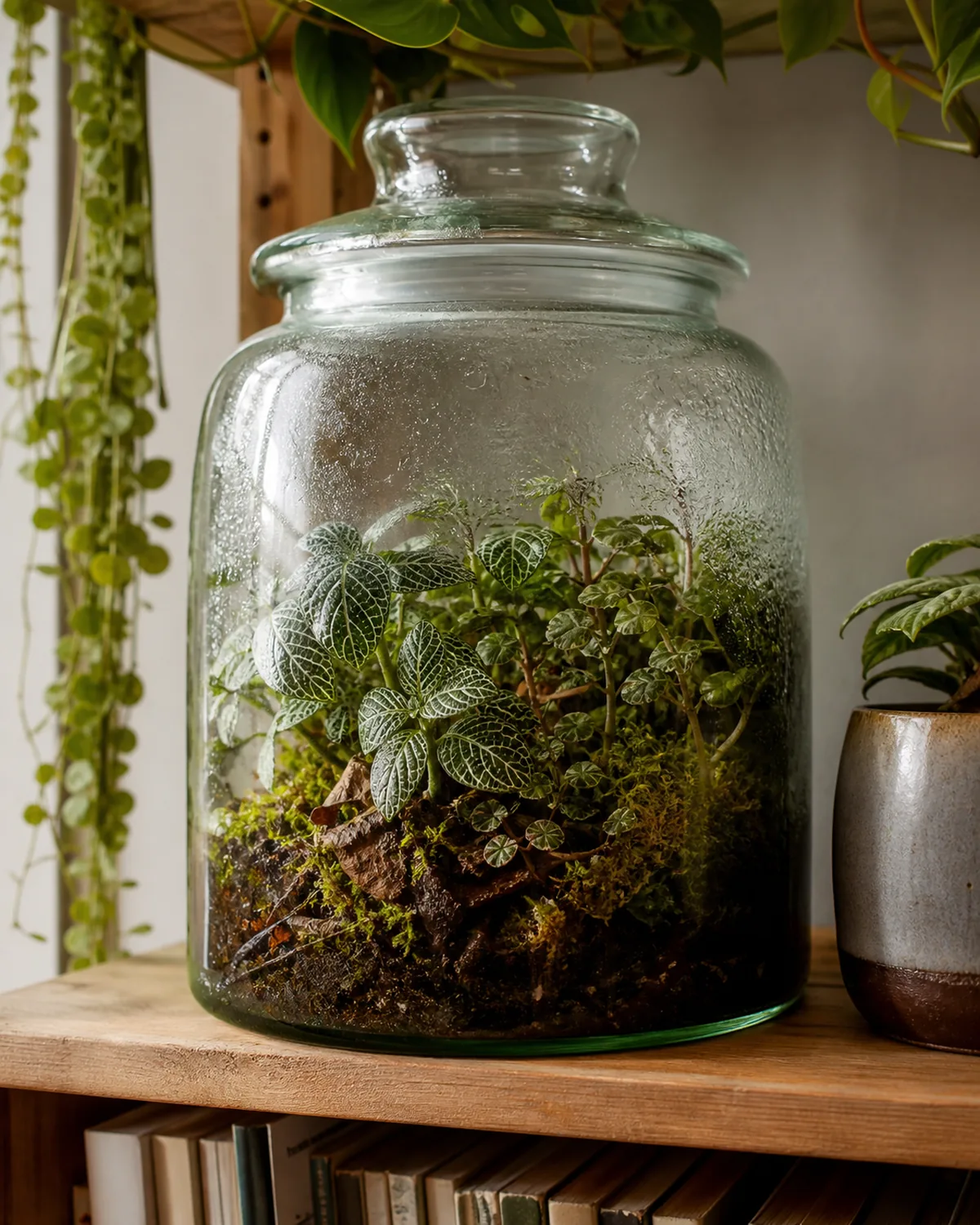 A large sealed clear glass jar terrarium with a lush miniature ecosystem inside including fittonia and string of turtles peperomia growing among moss and leaf litter the glass slightly foggy with humidity with tiny springtails visible on the soil surface sitting on a bookshelf in ambient indoor light appearing completely self sustaining