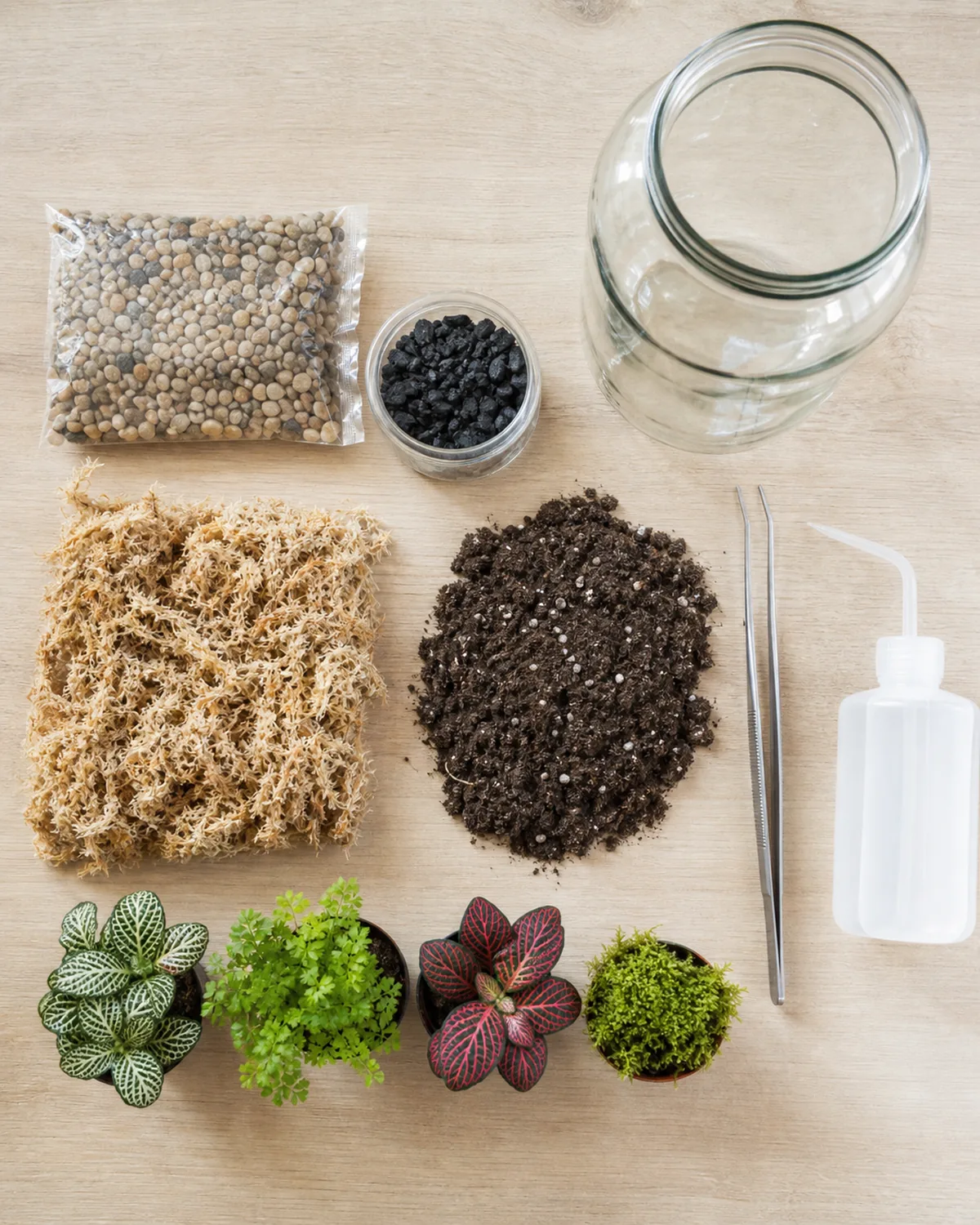 A flat lay arrangement of terrarium building supplies and tools on a light wooden surface including a clean empty glass jar a bag of drainage pebbles a small container of activated charcoal a sheet of sphagnum moss potting soil long metal tweezers a narrow spouted squeeze bottle and several small plants in nursery pots waiting to be planted in bright even overhead light