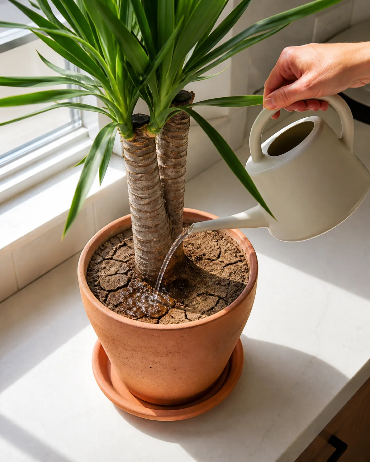 A top-down shot of a yucca in a terracotta pot with bone-dry cracked soil visible at the surface a hand holding a watering can about to do a deep thorough soak on a bright sunlit windowsill setting