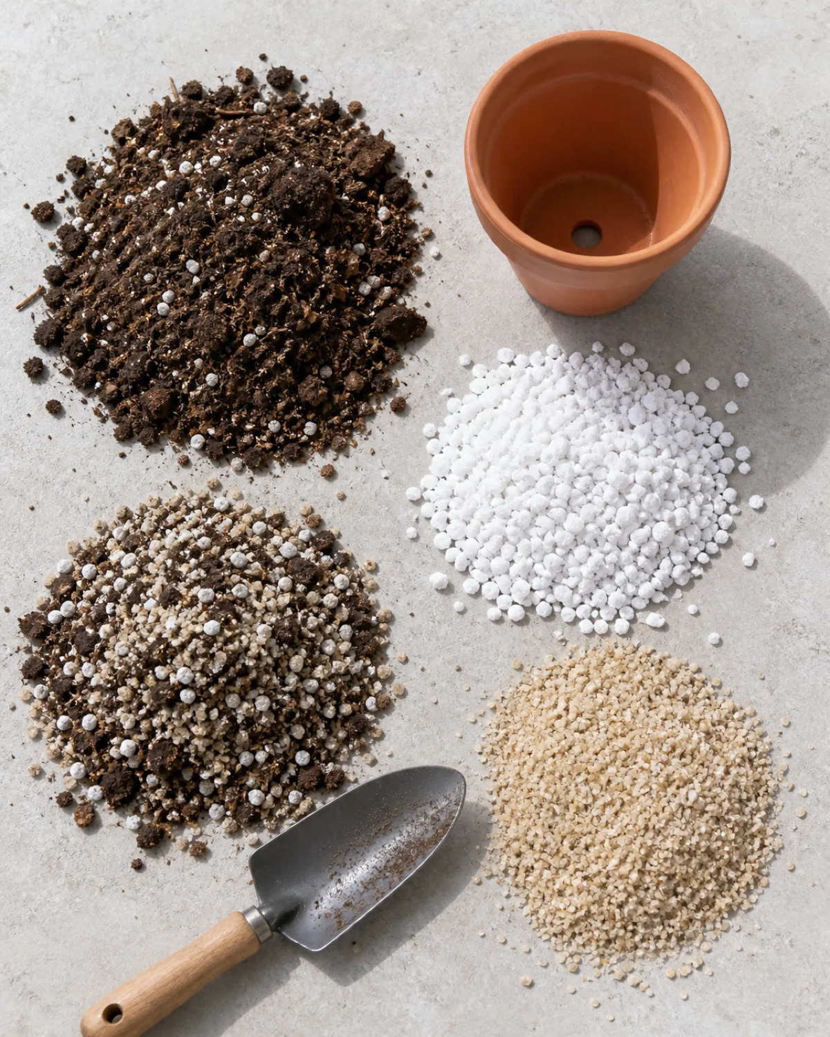 A flat-lay of yucca soil mix being prepared with cactus potting mix perlite and coarse sand in separate piles with a terracotta pot and hand trowel nearby the chunky gritty fast-draining texture visible under bright natural overhead light