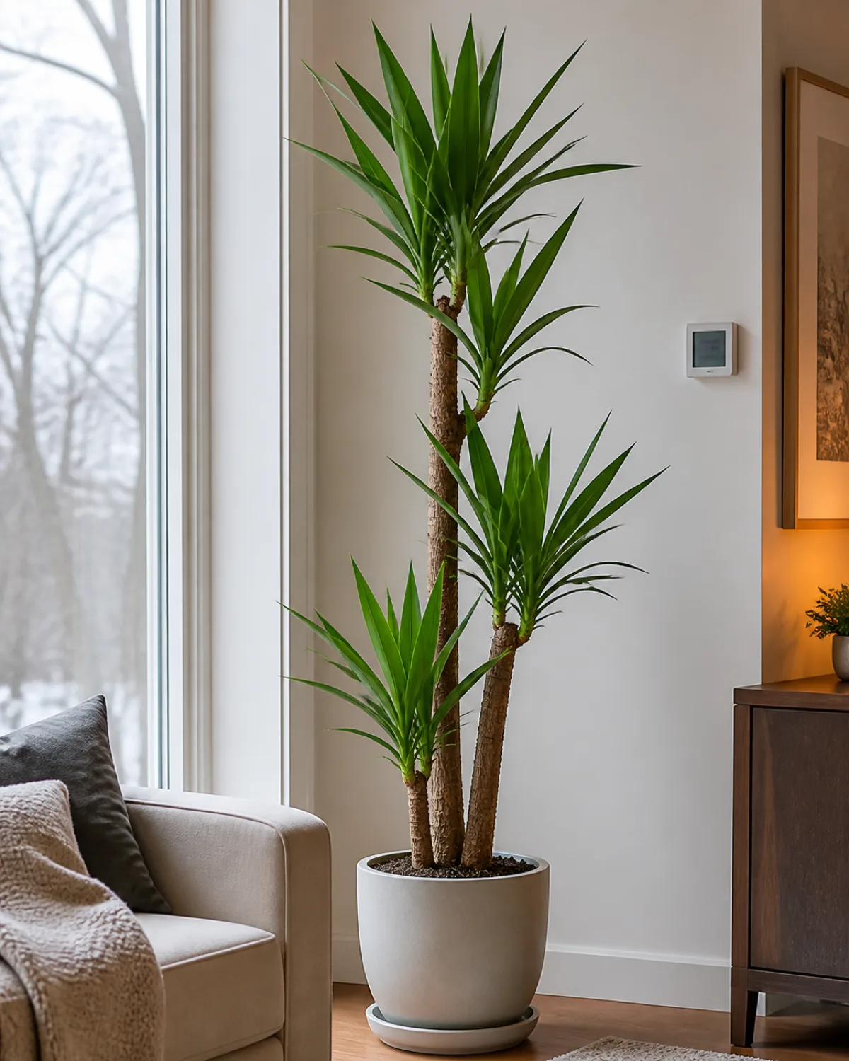 A yucca plant near a bright window in a comfortable modern living room with visual cues showing dry indoor conditions no humidifier or pebble tray a thermostat visible on the wall winter light through the window cozy modern setting