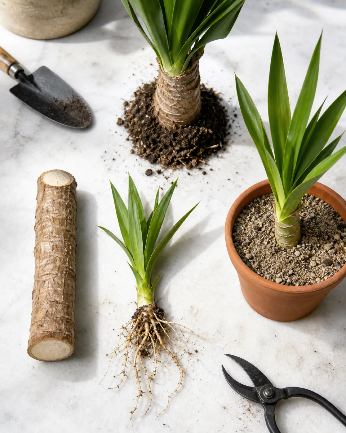 Three yucca propagation methods displayed together a cane cutting segment lying horizontally showing cut ends a small pup offset being separated from a mother plant base and a crown top in a pot of sandy soil all on a bright clean work surface