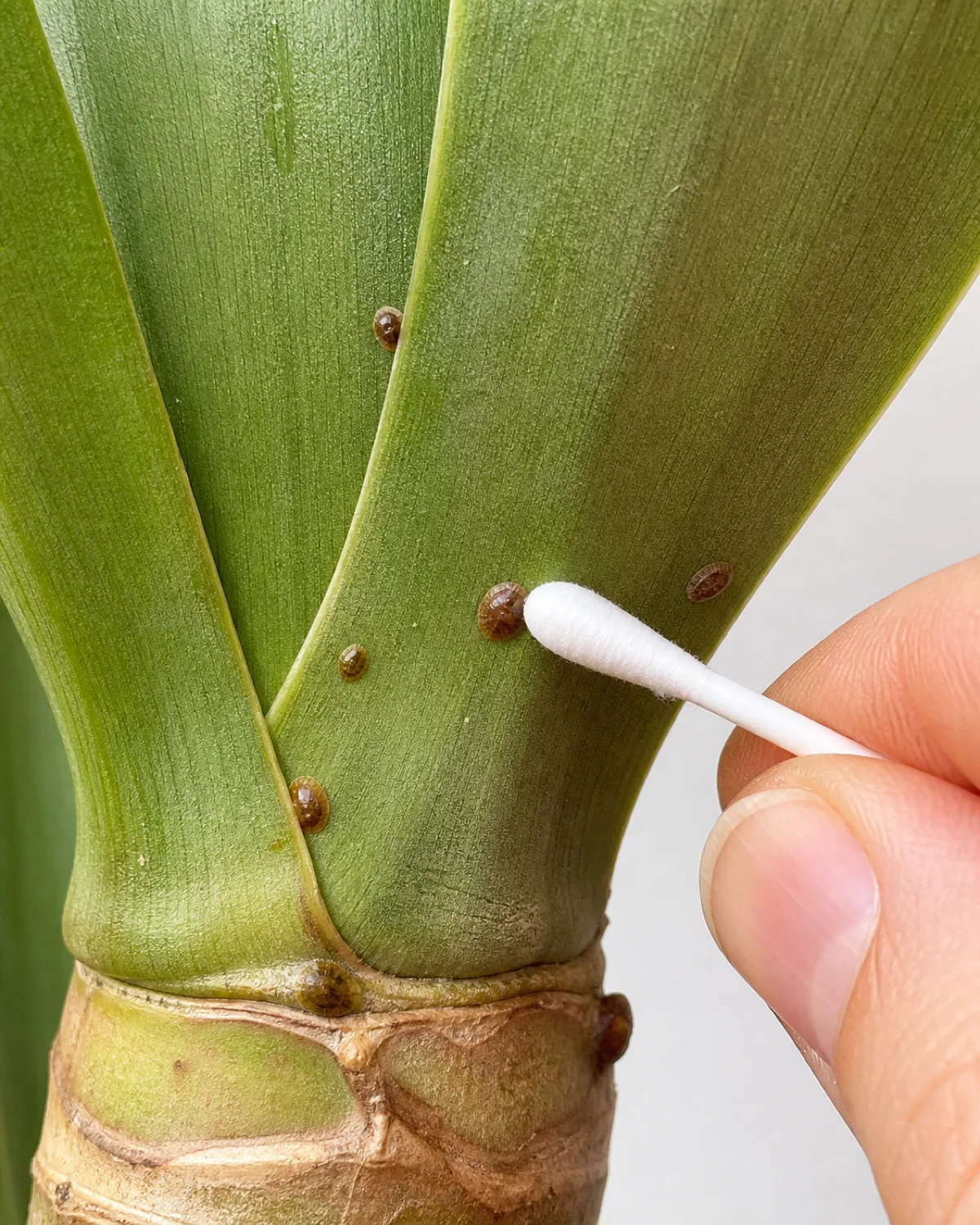 A detailed close-up of a yucca leaf underside and stem junction showing scale insects as small brown oval bumps with a cotton swab dipped in rubbing alcohol being applied the thick leathery yucca leaf texture visible bright even light