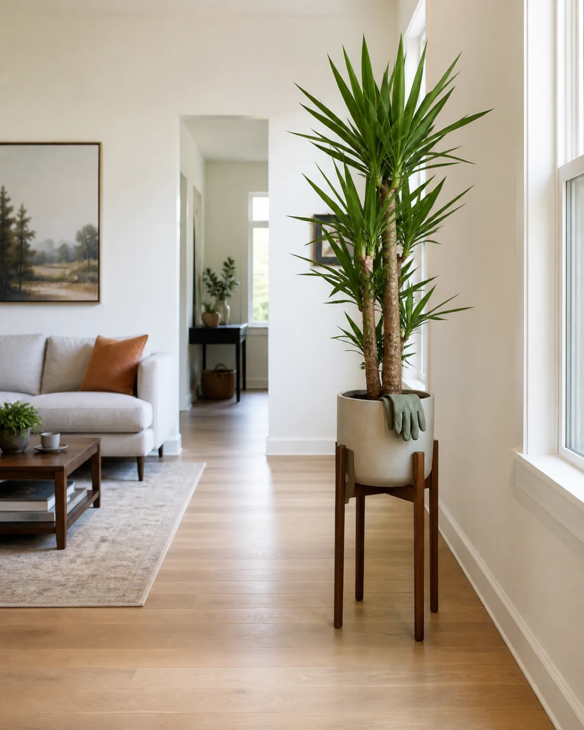 A yucca elephantipes spineless type positioned safely on a tall plant stand in a bright living room gardening gloves draped over the pot edge the sharp leaf tips visible but safely elevated above floor level modern bright room