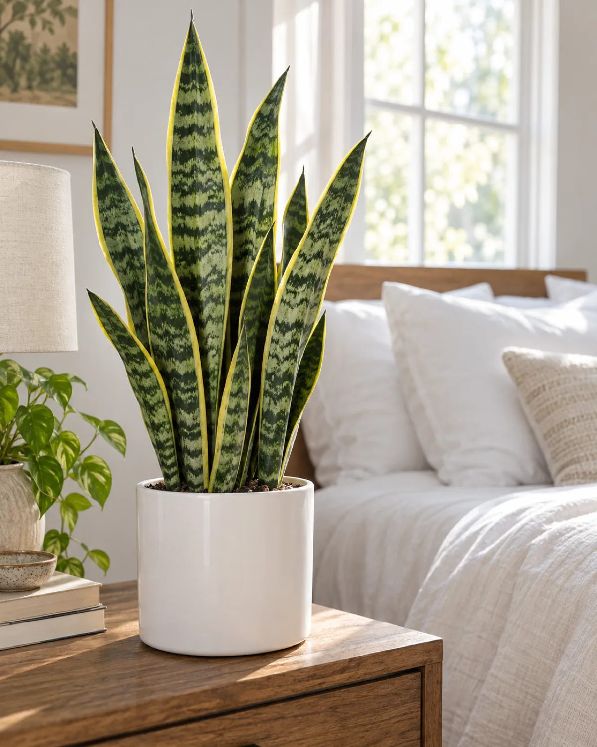 A snake plant in a white ceramic pot on a wooden bedside table with tall upright sword-shaped variegated leaves in dark and light green bands with yellow margins in a peaceful bedroom setting with soft morning light