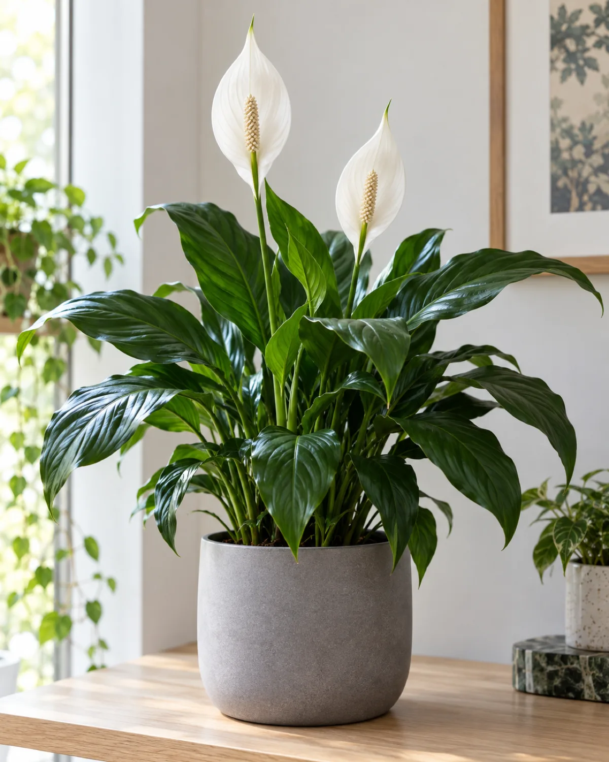 A peace lily in bloom with two elegant white spathe flowers rising above glossy dark green oval leaves in a matte gray ceramic pot on a light wooden shelf with bright indirect natural light