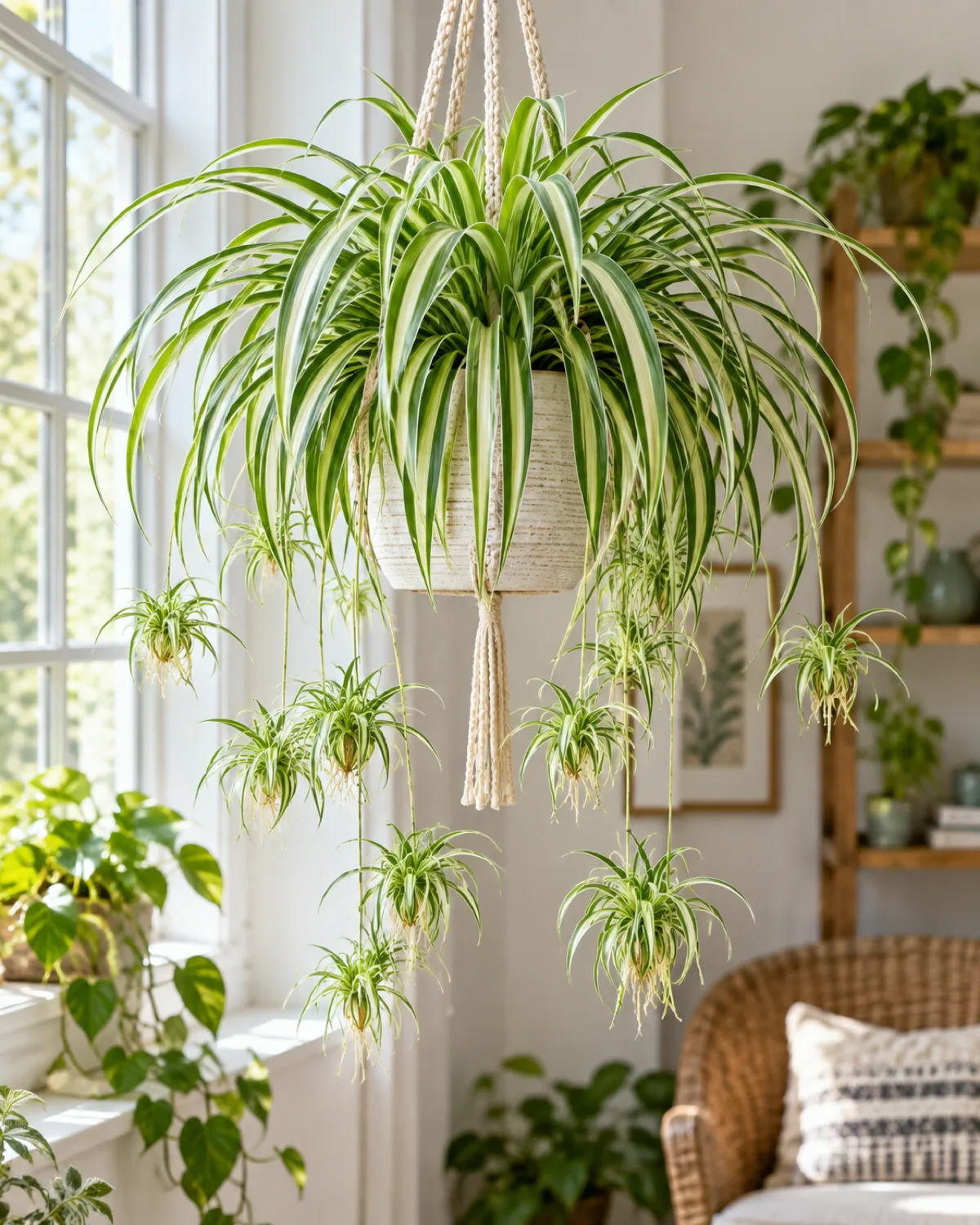 A spider plant in a hanging planter with multiple long arching green and white striped leaves and several baby plantlets dangling from long stolons below the mother plant in a bright airy room with natural window light