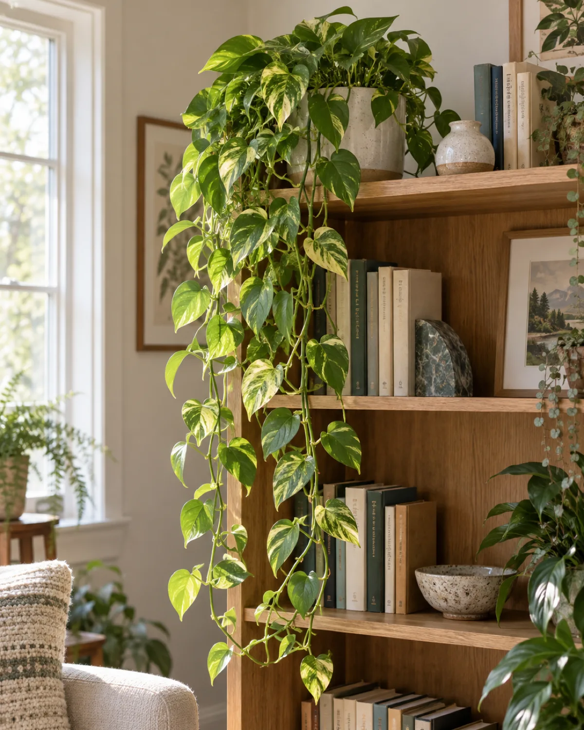 A golden pothos trailing from a high natural wood bookshelf with long vines featuring heart-shaped variegated green and golden-yellow leaves cascading down at least two feet with bright indirect light from a nearby window