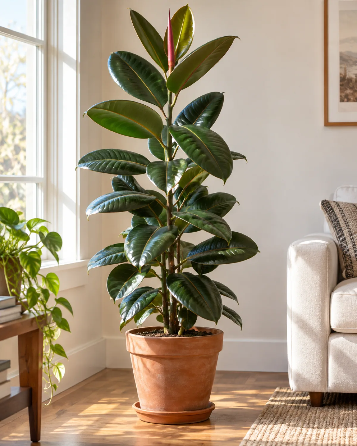 A tall rubber plant about four feet high with large glossy dark green oval leaves in a terracotta pot on a living room floor near a bright window with a new red sheath unfurling at the top and warm natural light highlighting the leaf sheen