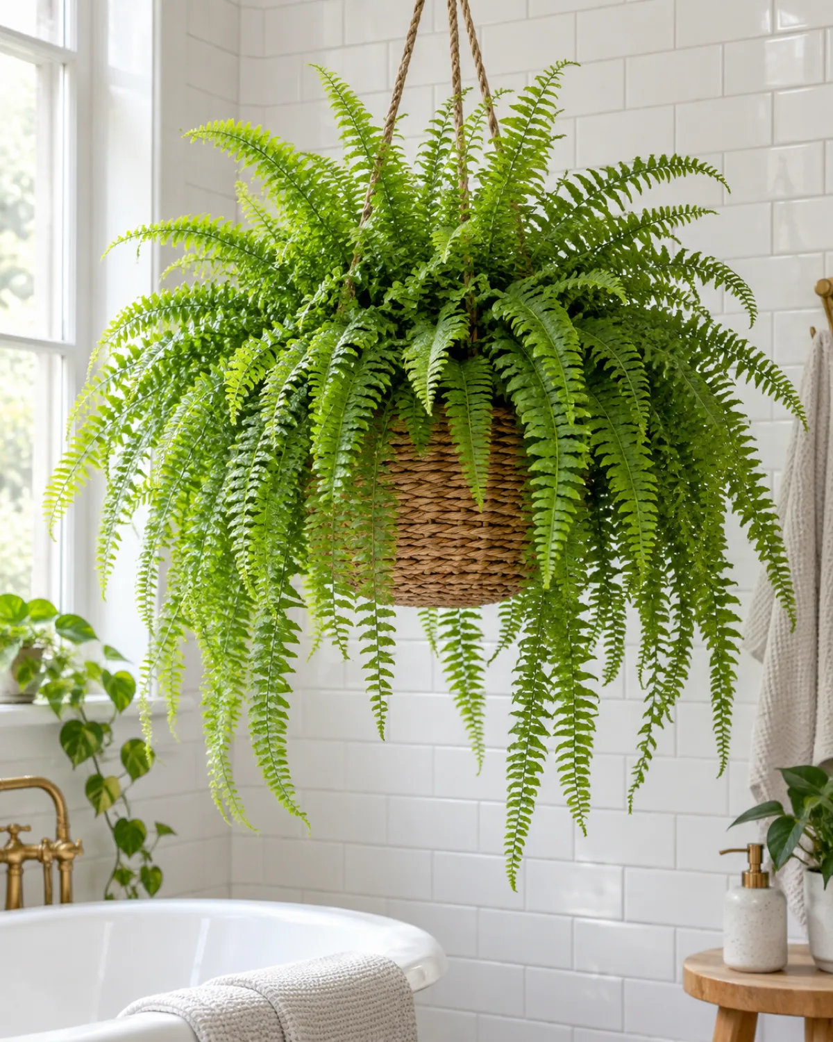 A lush Boston fern with long arching green fronds cascading over a woven hanging basket in a bright bathroom with white subway tiles on the wall behind