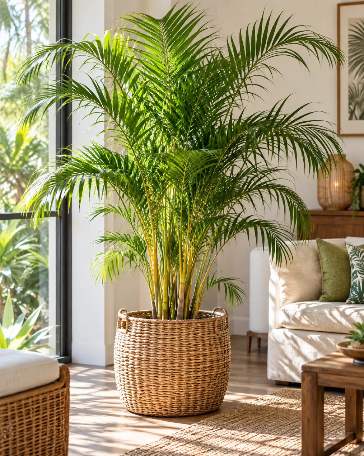 An areca palm with graceful feathery fronds in a large woven rattan basket planter on a living room floor near a window with golden cane stems visible at the base and tropical feel with bright natural light