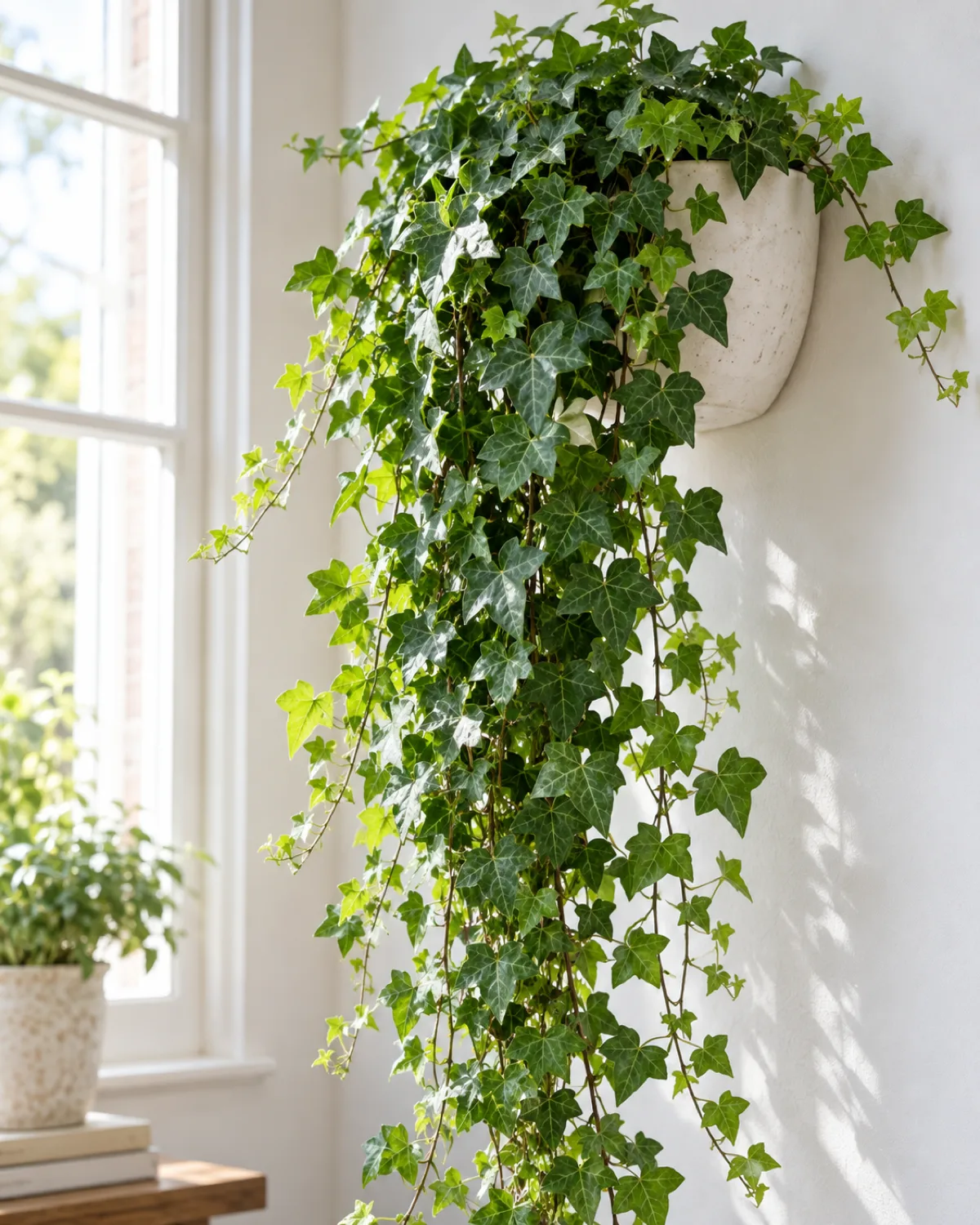 English ivy trailing from a wall-mounted ceramic planter with dense cascading green leaves in the classic three-to-five-lobed shape trailing down a white wall with bright natural light from a nearby window