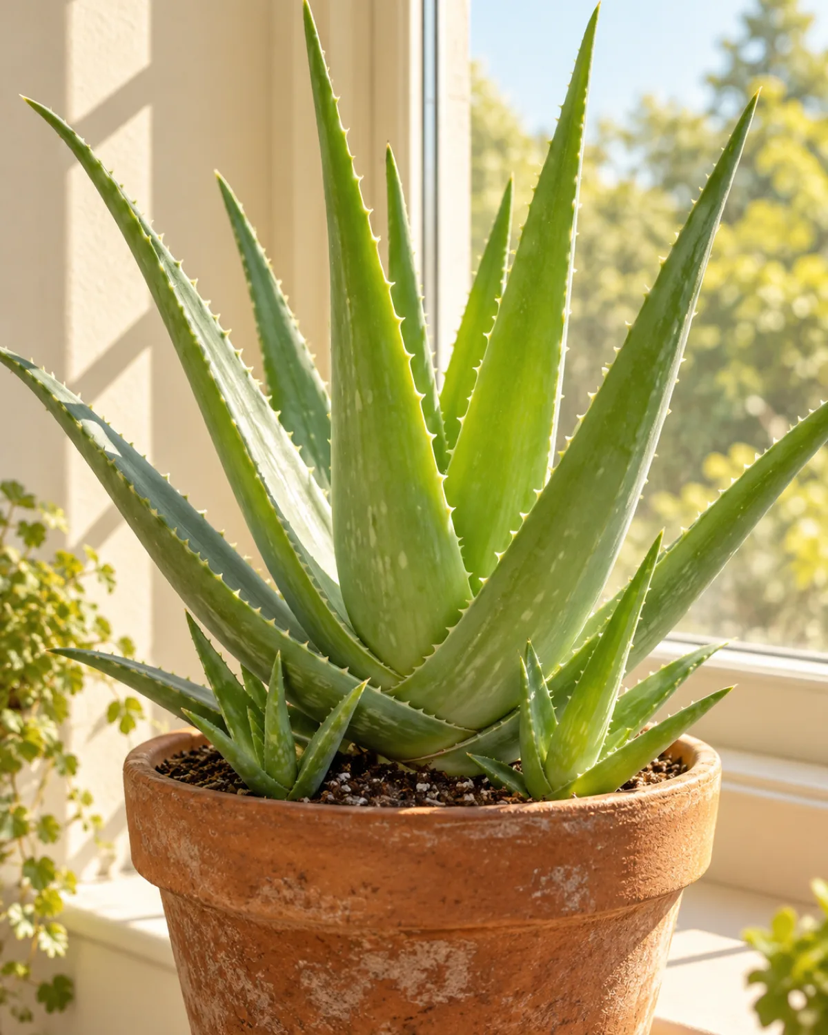A mature aloe vera plant with thick fleshy grey-green succulent rosette leaves in a rustic terracotta pot on a bright sunny windowsill with small white teeth along the leaf margins and smaller pup offshoots visible at the base