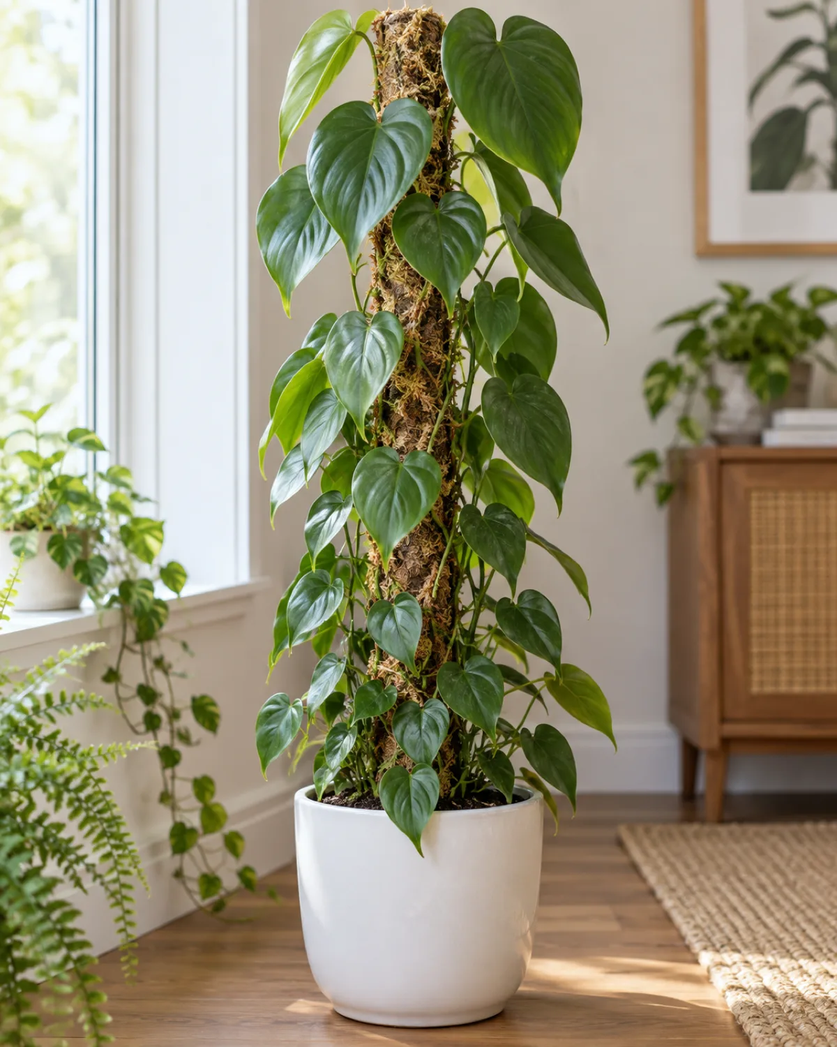 A heartleaf philodendron climbing a moss pole in a white ceramic pot with heart-shaped glossy deep green leaves arranged along the climbing stem getting progressively larger toward the top with bright indirect light