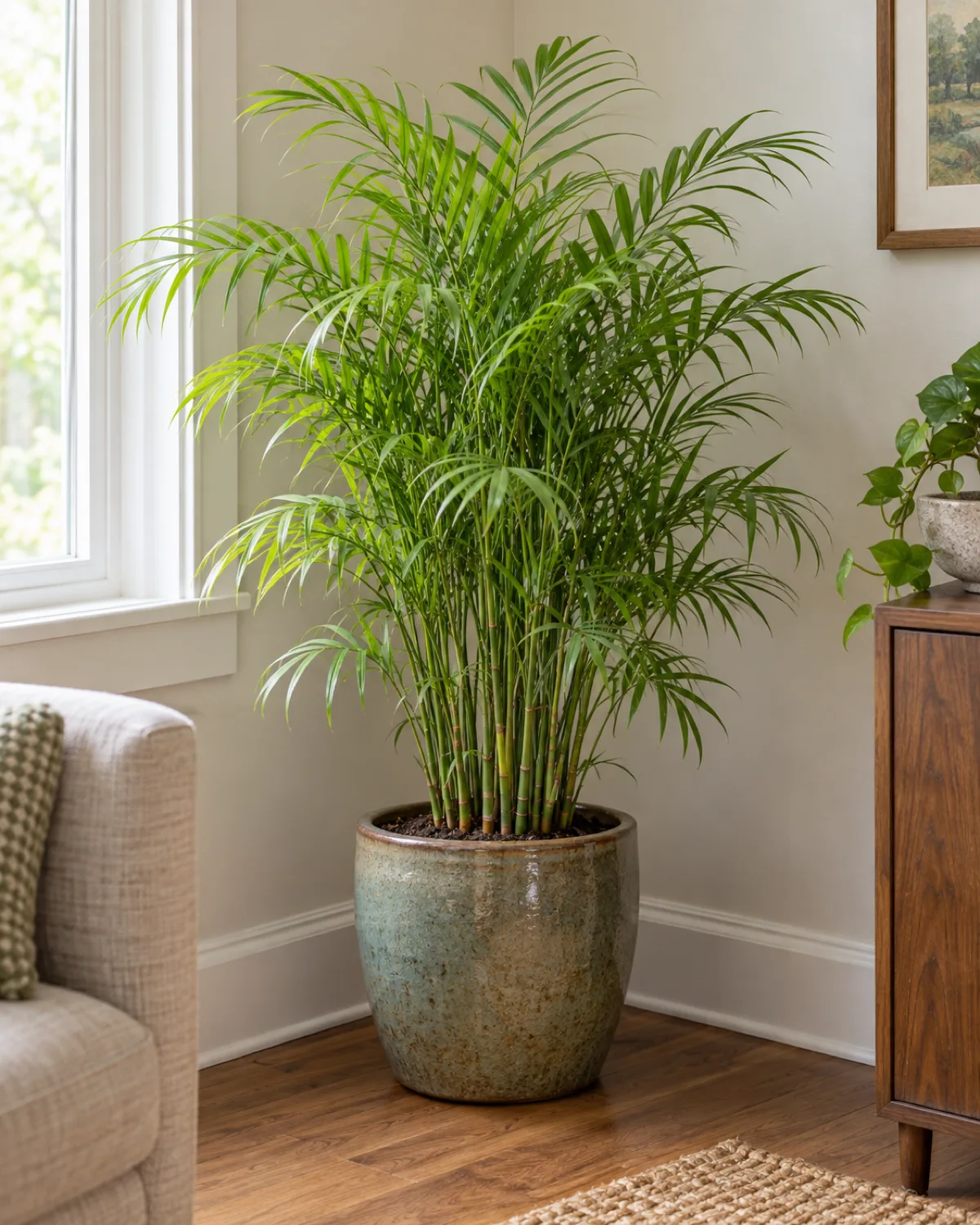 A bamboo palm with multiple thin bamboo-like canes and delicate feathery light green fronds in a ceramic pot placed in an interior corner with moderate natural light showing its compact bushy form about three feet tall