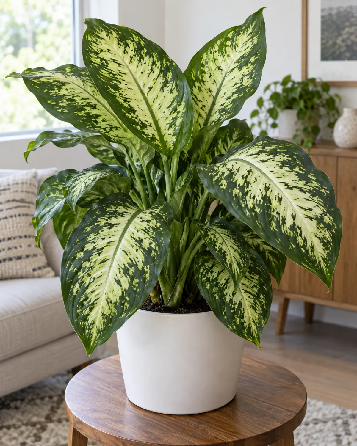 A dieffenbachia plant with impressively large oval leaves featuring bold variegation of dark green edges with cream and pale green splashes in the center in a clean white pot on a wooden side table with bright indirect natural light